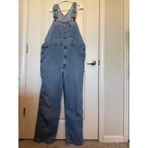 Dickies Blue Denim Overalls Mens Size 38X34 Work Wear Bibs Spell Out Box Cotton